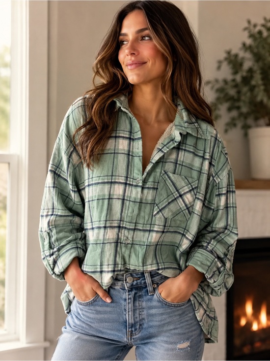 No Boundaries Tops - No Boundaries Mint Green Plaid Sherpa-Lined Shirt Jacket